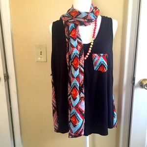 Love Soup Black /Geometric Sleeveless Top & Scarf. NWOT.